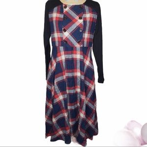 ModCloth FROCK SHOP Red + Blue Tartan Plaid Long Sleeve Fit Flare Dress POCKETS!